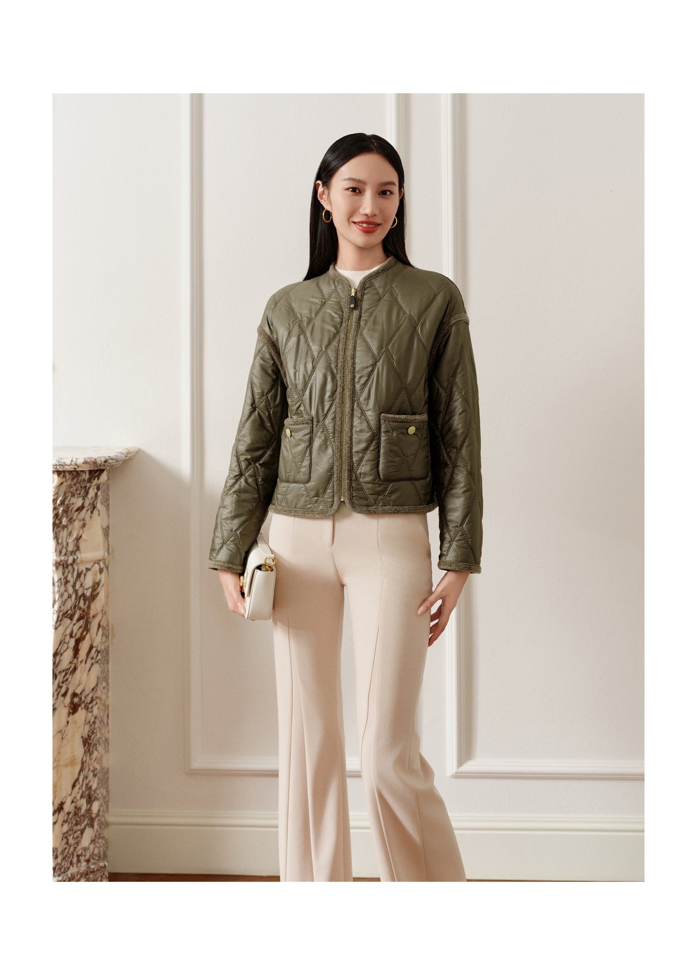 Round Neck Design Jacket | Green