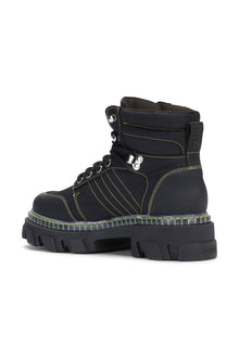 Cleated Lace Up Yellow Contrast Stitching Hiking Boots | Black