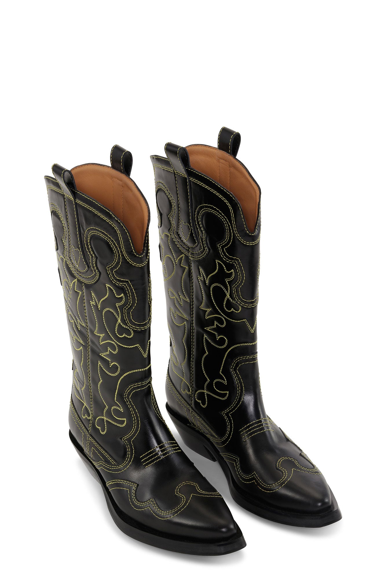 Mid Shaft Embroided Western Boot Yellow Stitch | Black