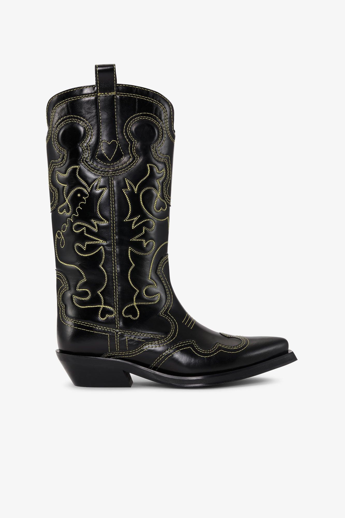 Mid Shaft Embroided Western Boot Yellow Stitch | Black