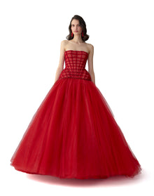 Embroidered Strapless Tiered Gown | Herrera Red
