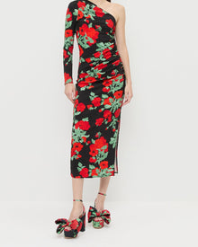 Selena Dress in black floral jersey fabric and Kiki Black Floral Platform Sandal.
