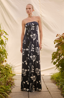 Floral Jacquard Knit Beaded Strapless Dress | Navy/Cream