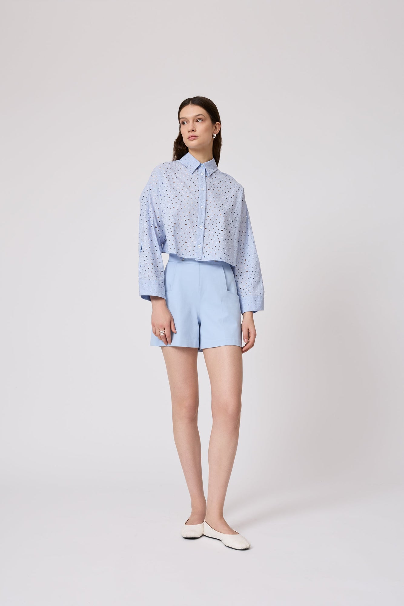 Polka Dot Eyelet Cropped Shirt | Cloud