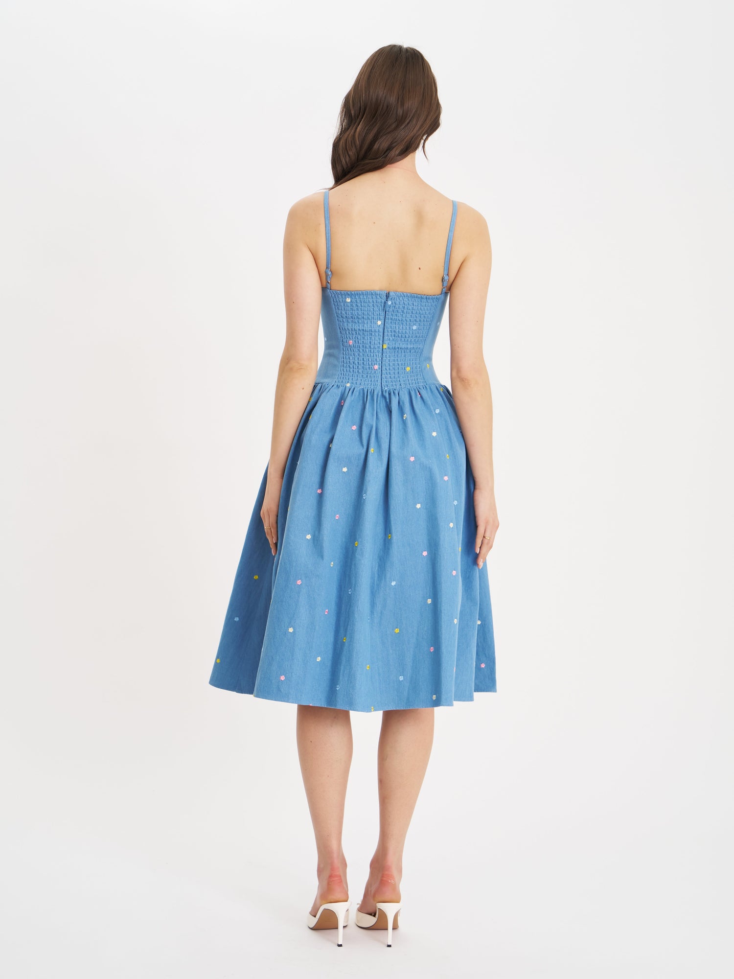 Zadie Cotton Denim Drop Waist Embroidery Flower Midi Dress | Blue