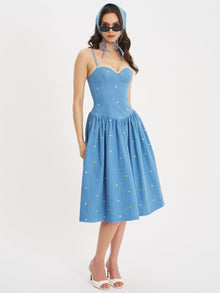 Zadie Cotton Denim Drop Waist Embroidery Flower Midi Dress | Blue