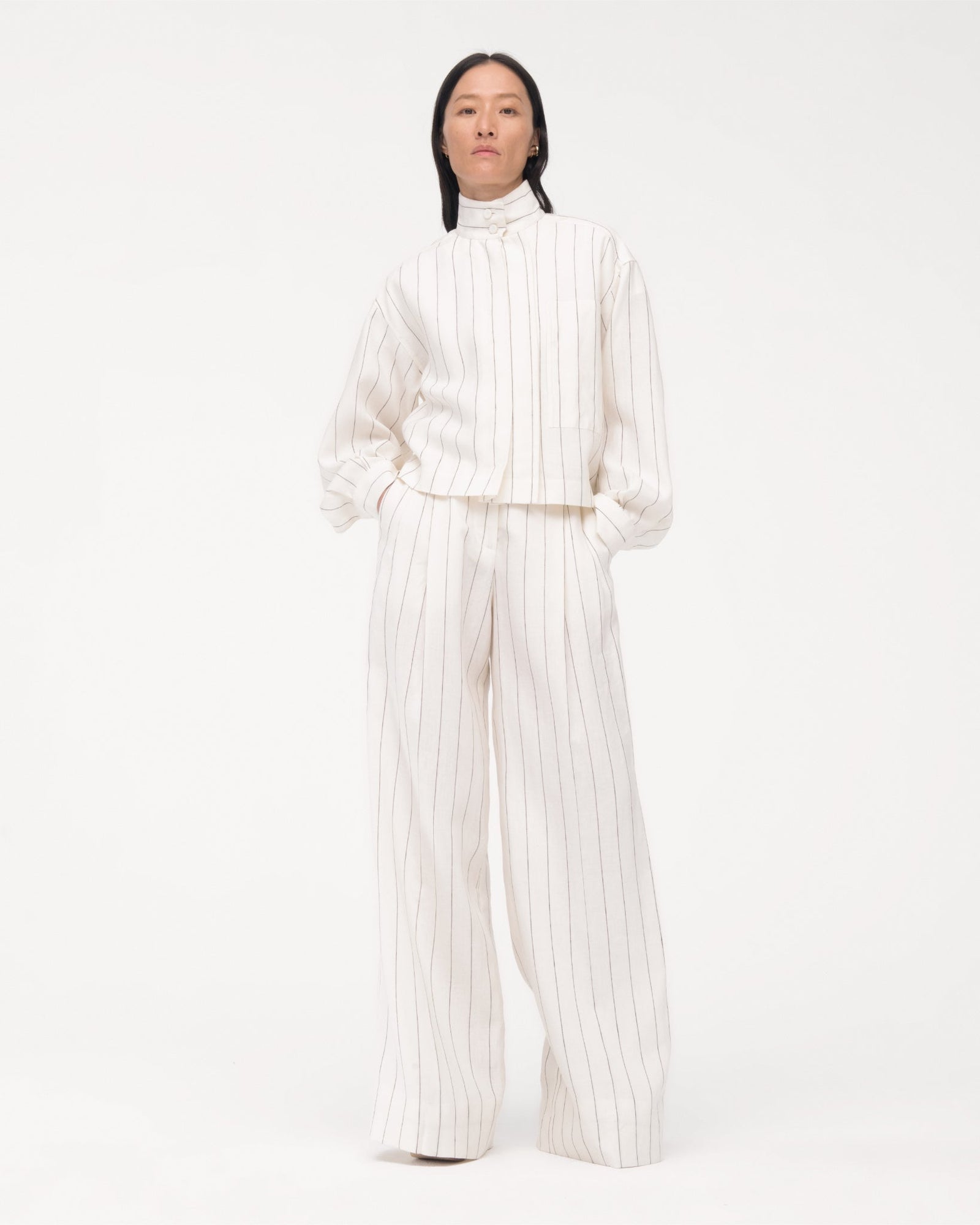 Another Tomorrow Mock Neck Pleat Shirt in Black/Off White – Linen Women's Top