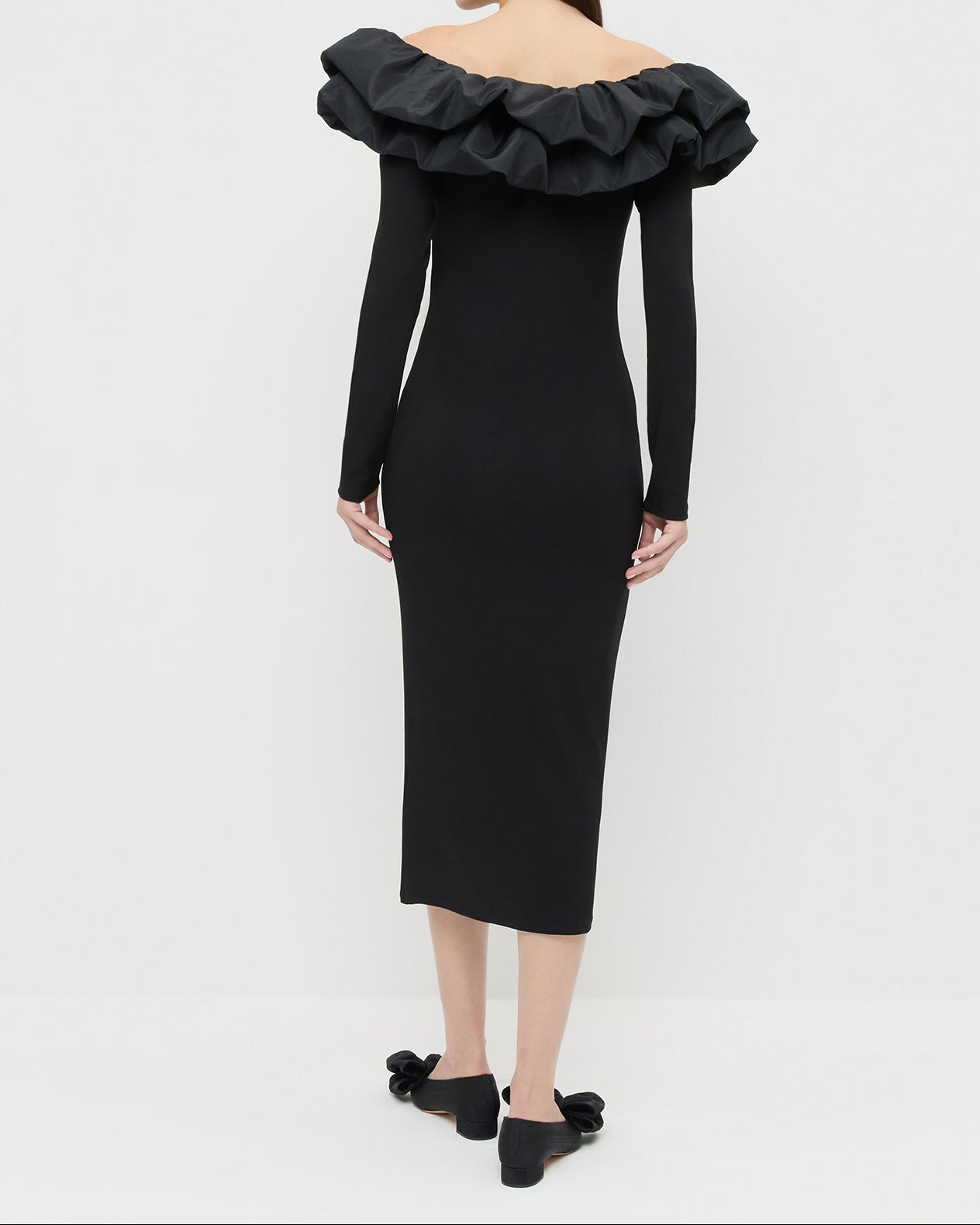 Suki Dress in black jersey fabric and Noa Black Moire Bow Flat.