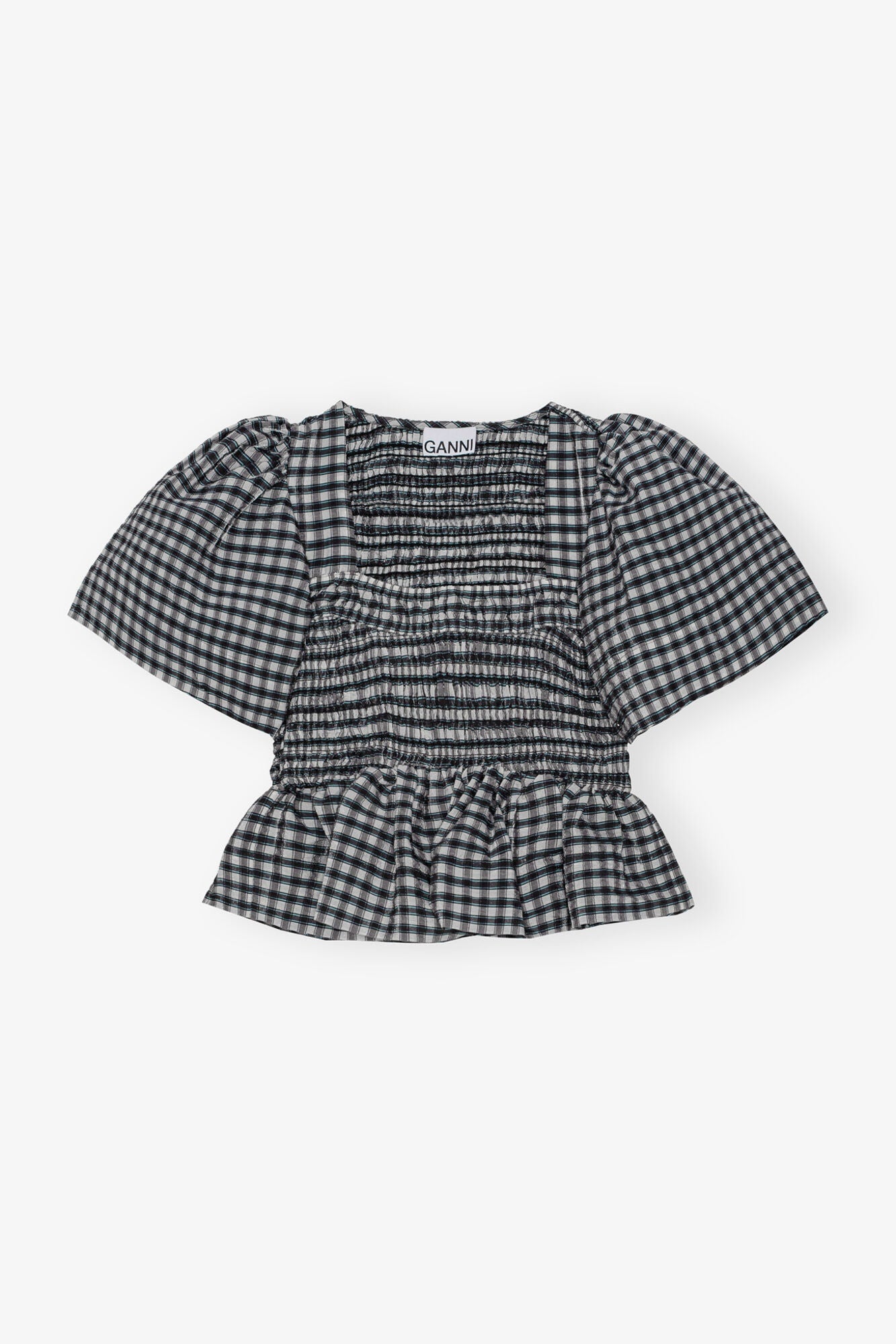 Seersucker Check Open neck Smock Blouse | Egret