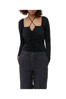 Shiny Crepe Jersey Ruched Blouse | Black