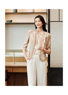 Silk Straight-Shoulder Blazer | Khaki