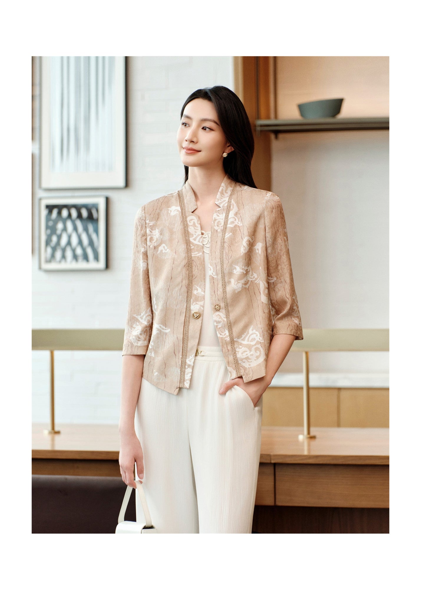Silk Straight-Shoulder Blazer | Khaki