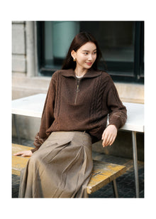 Slub Yarn Round Neck Knit Top | Brown