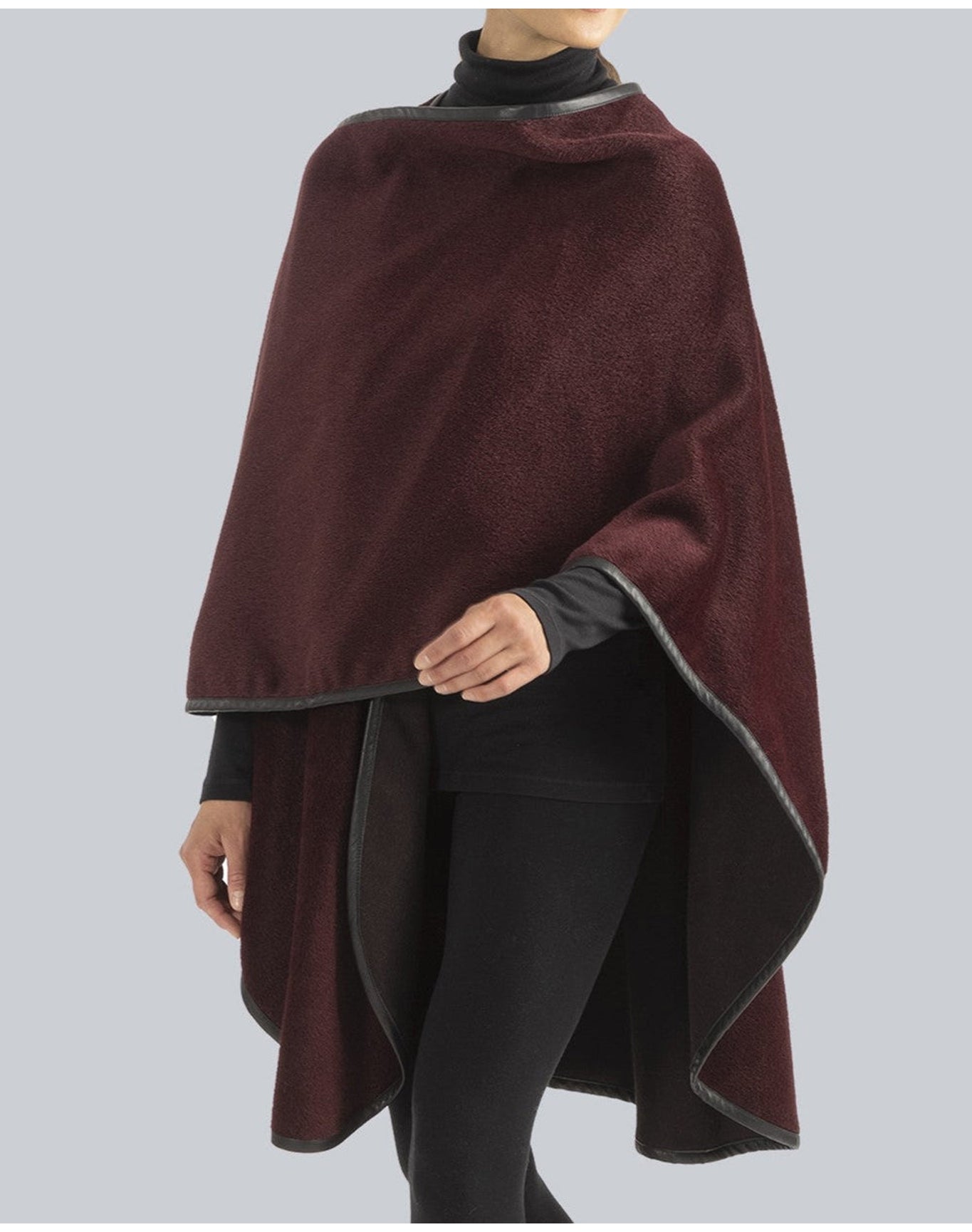 Sofia Cashmere | Women | Baby Alpaca Leather Trimmed Classic U Shaped Cape | Burgundy