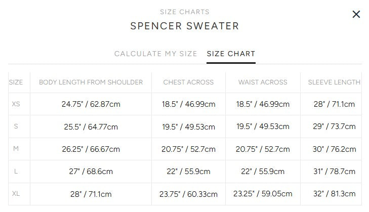 Product size guide