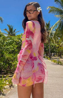 Surround Sound Floral Mesh Long Sleeve Mini Dress | Pink