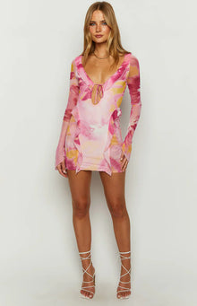 Surround Sound Floral Mesh Long Sleeve Mini Dress | Pink