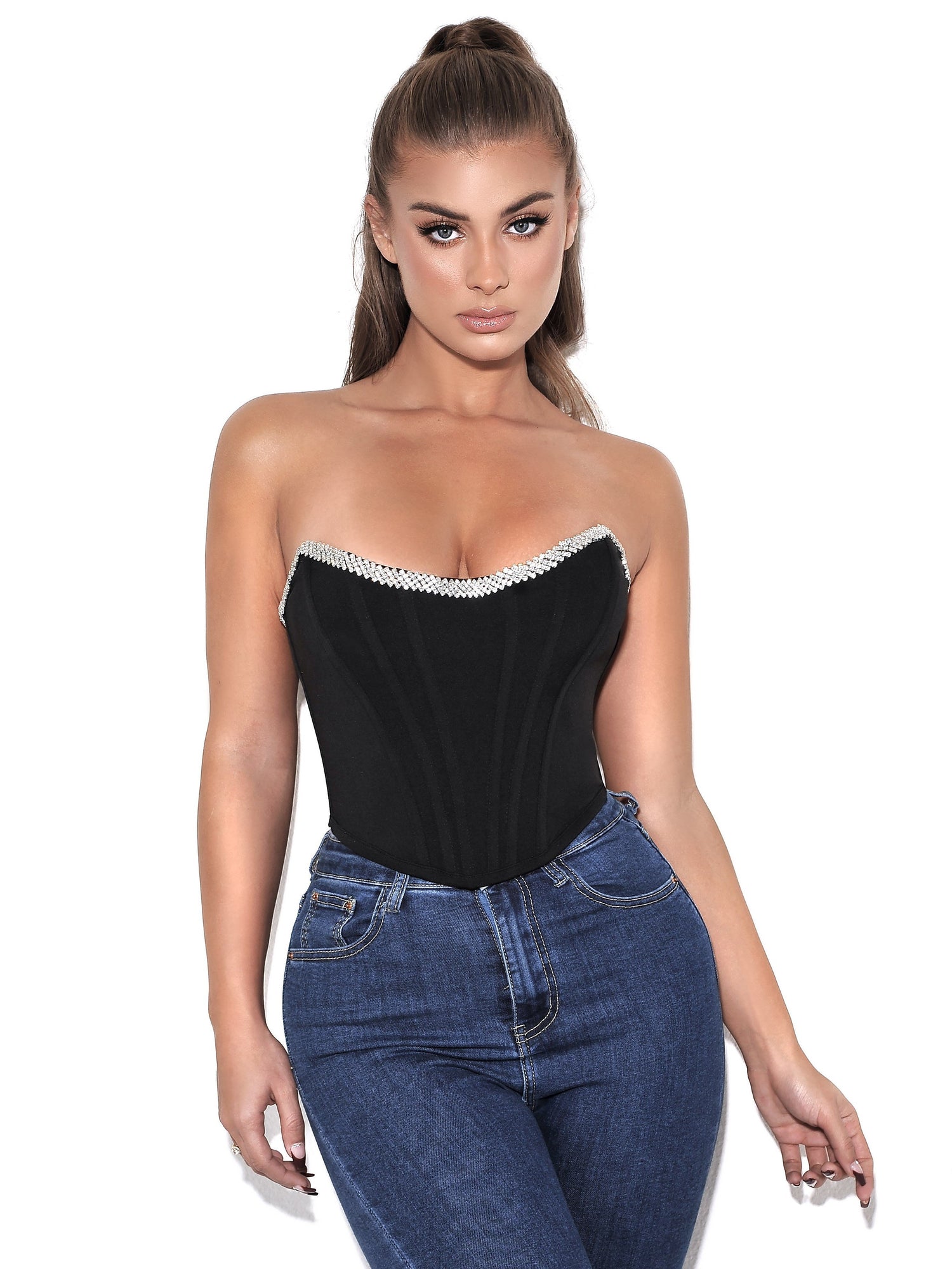 Melanie Corset Top With Crystal Trim | Black