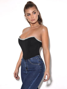 Melanie Corset Top With Crystal Trim | Black