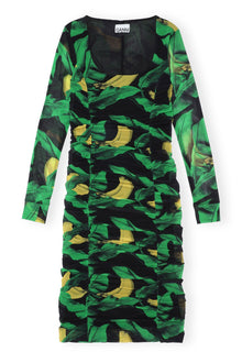 Ruched Scoop-Neck Mesh Midi Dress | Black