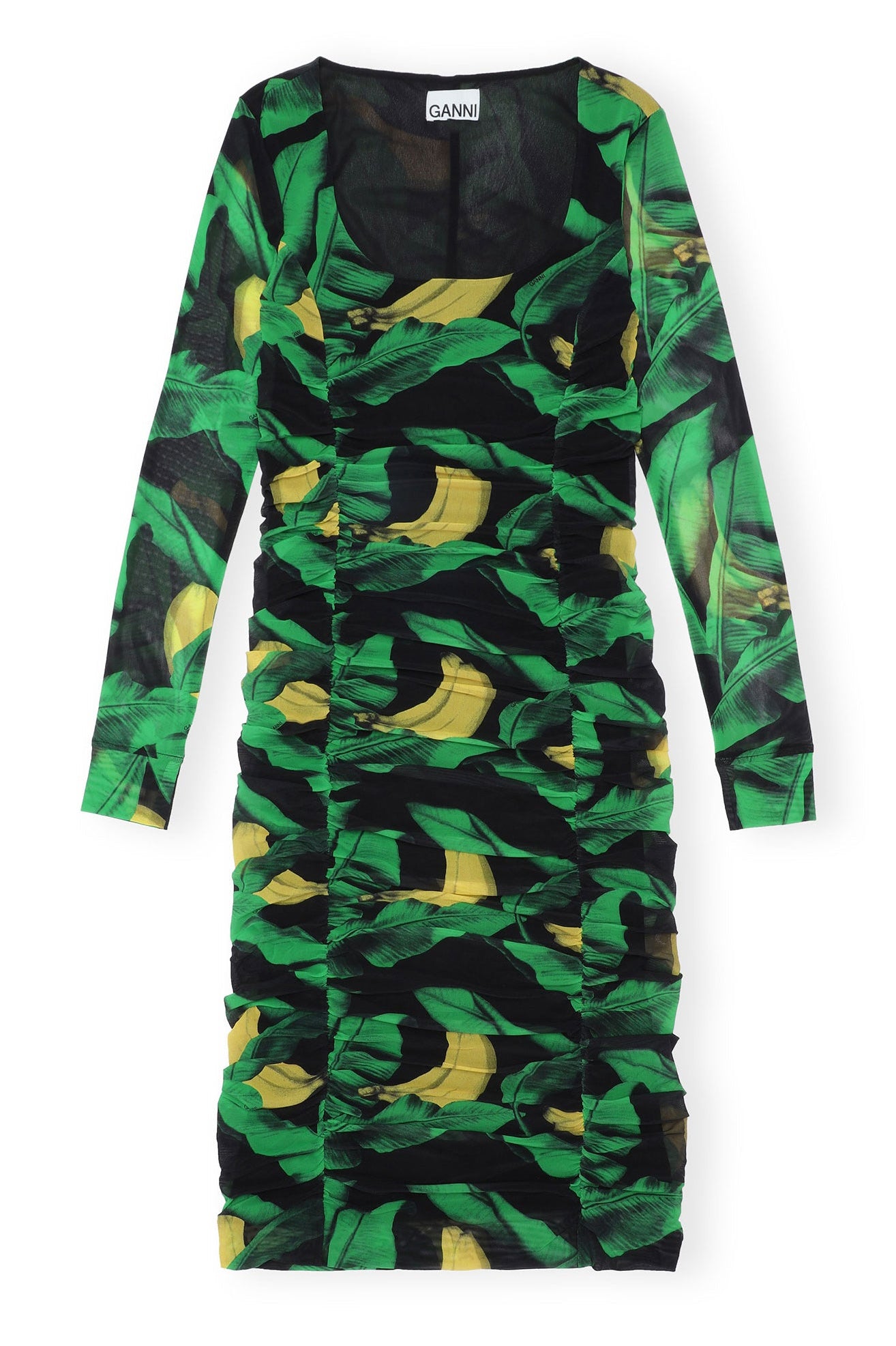 Ruched Scoop-Neck Mesh Midi Dress | Black