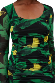 Ruched Scoop-Neck Mesh Midi Dress | Black