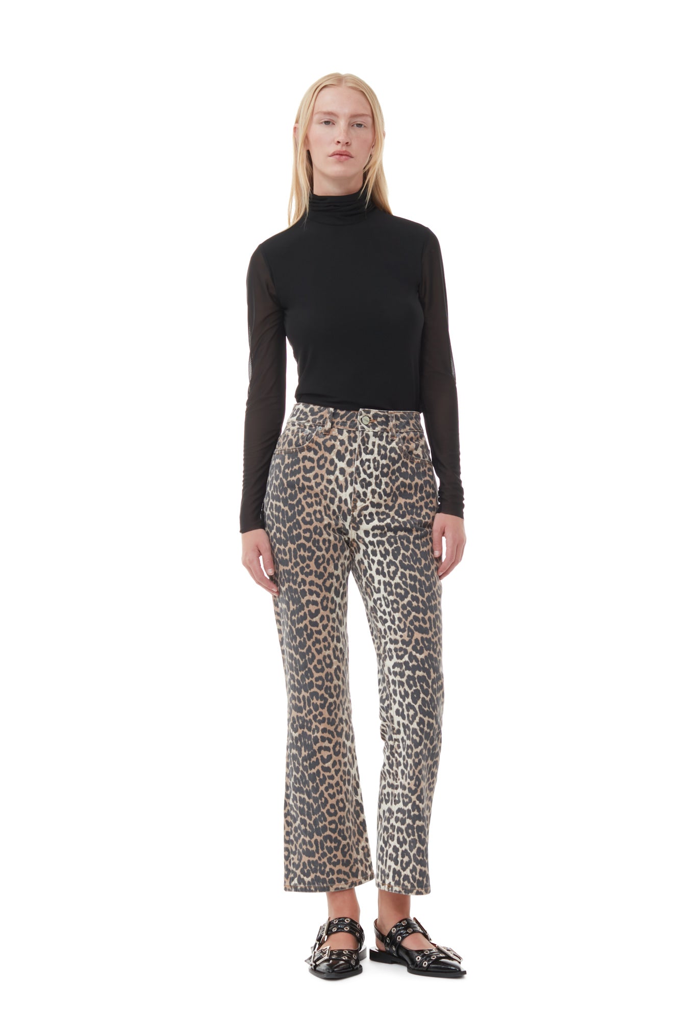 Mesh Long-sleeve Roll Neck Blouse | Black