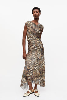 Printed Marl Mesh Long Ruched Crossover Dress | Leopard