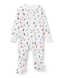 The Baby's Pima Romper in Merry Meow is a white onesie with a front zipper, covered feet, long sleeves, and playful prints of animals, trees, and people enjoying outdoor adventures like camping and fishing.