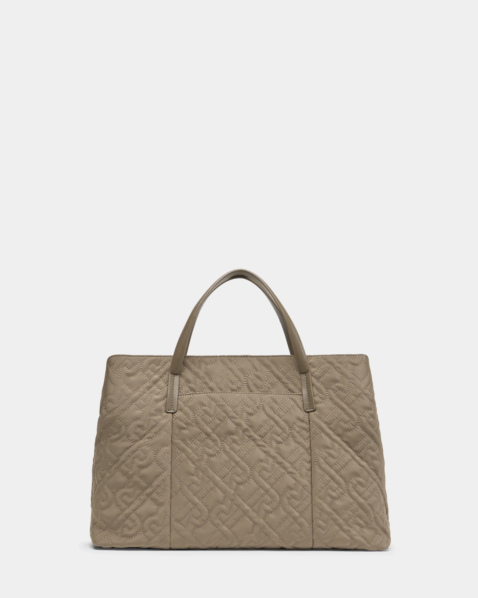The ASMINE - L325005 Almond tote by Rudsak features a taupe hue, embossed geometric pattern, and double handles. Stylish and versatile, it’s the perfect bag for any occasion. Shown here against a plain white background.
