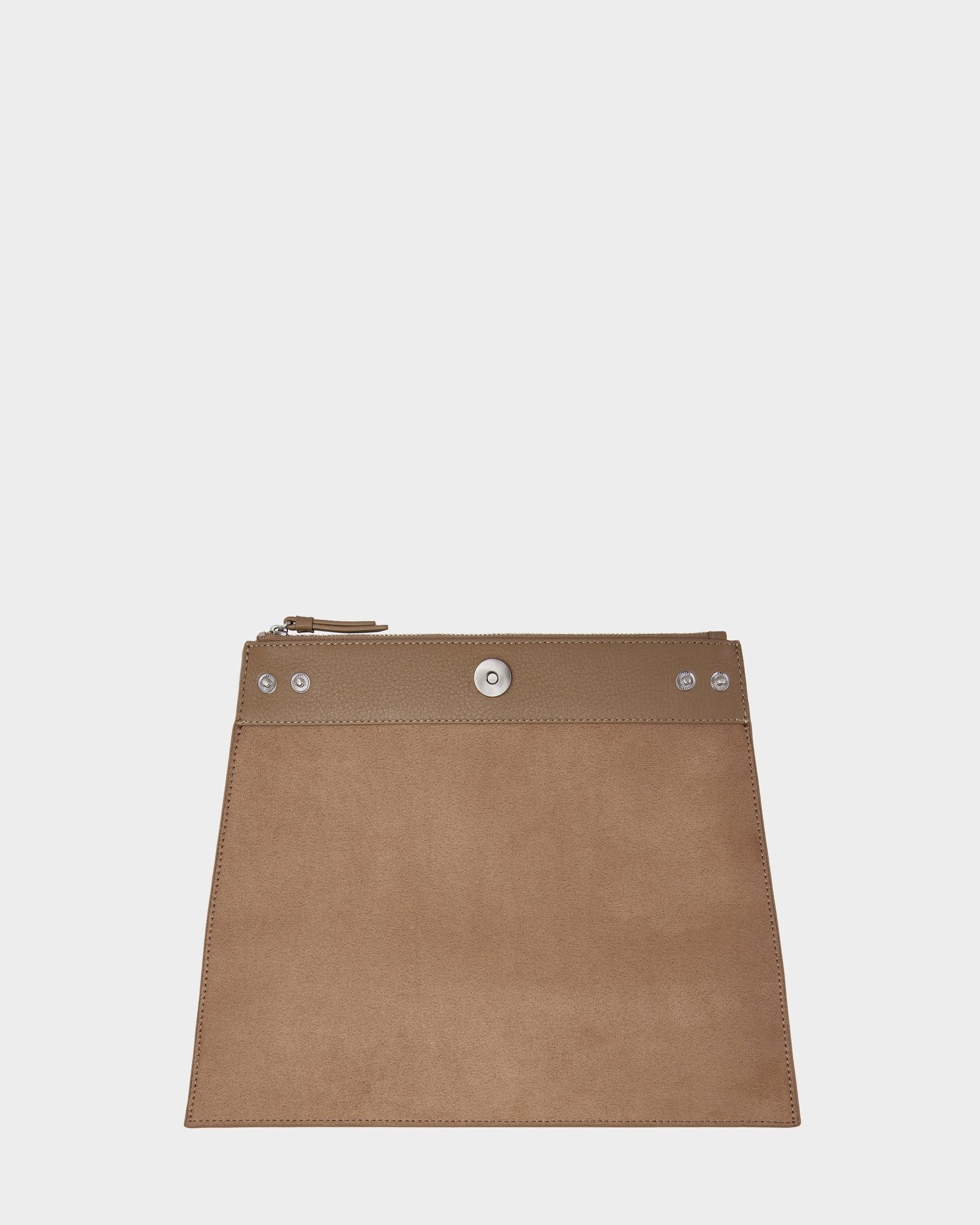 The Rudsak CATIRA L - 8325007 Almond is a brown, trapezoid-shaped pouch crafted from leather and suede, featuring a zipper and snap buttons on top. This statement accessory is shown against a plain white background.