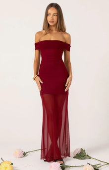 Tabitha Off Shoulder Mesh Maxi Dress | Wine