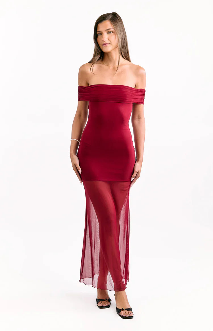 Tabitha Off Shoulder Mesh Maxi Dress | Wine