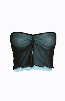 Close-up of the ruched center back seam of a black mesh top with a light blue contrast lining