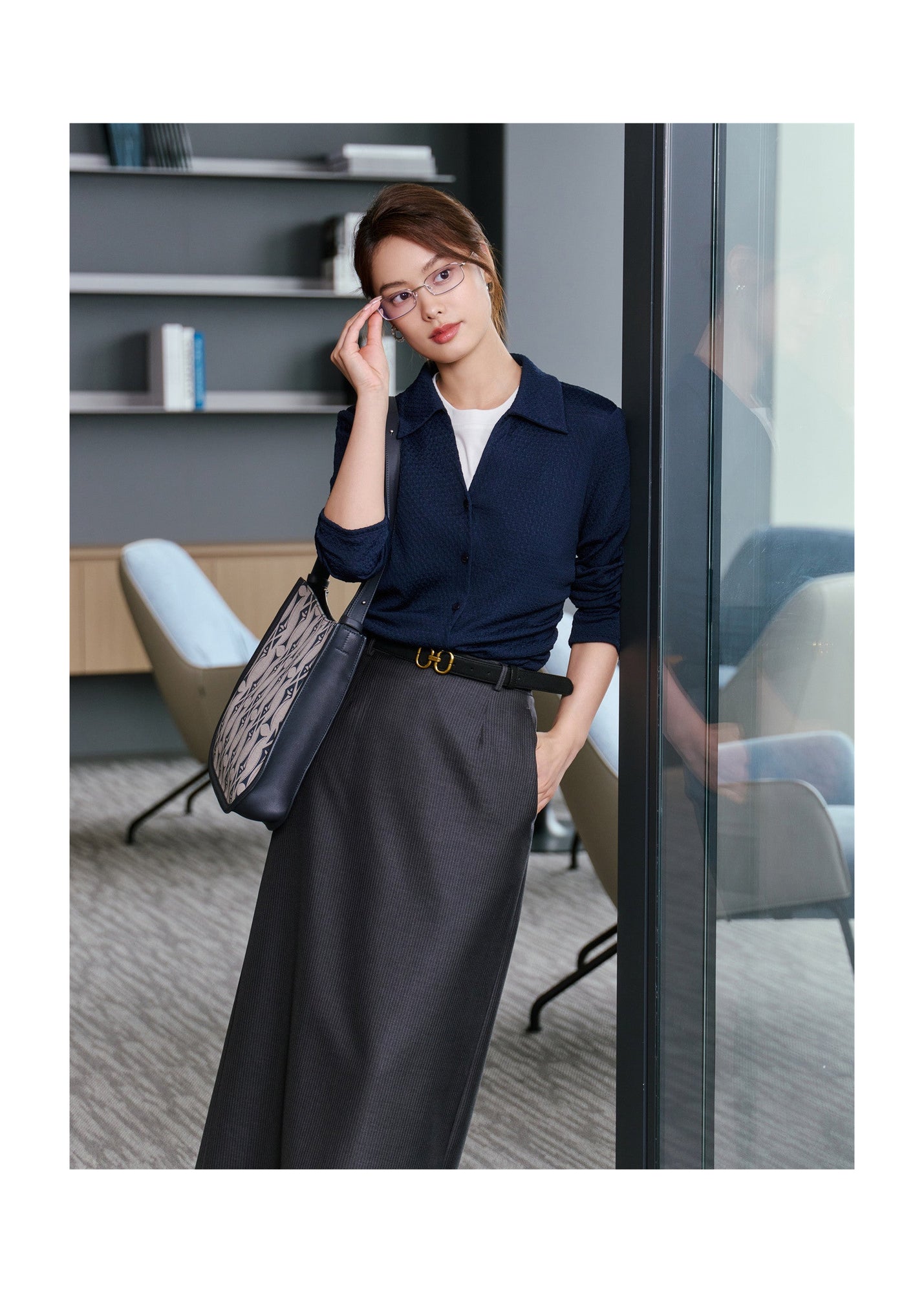 Textured Pleated Shirt | Navy