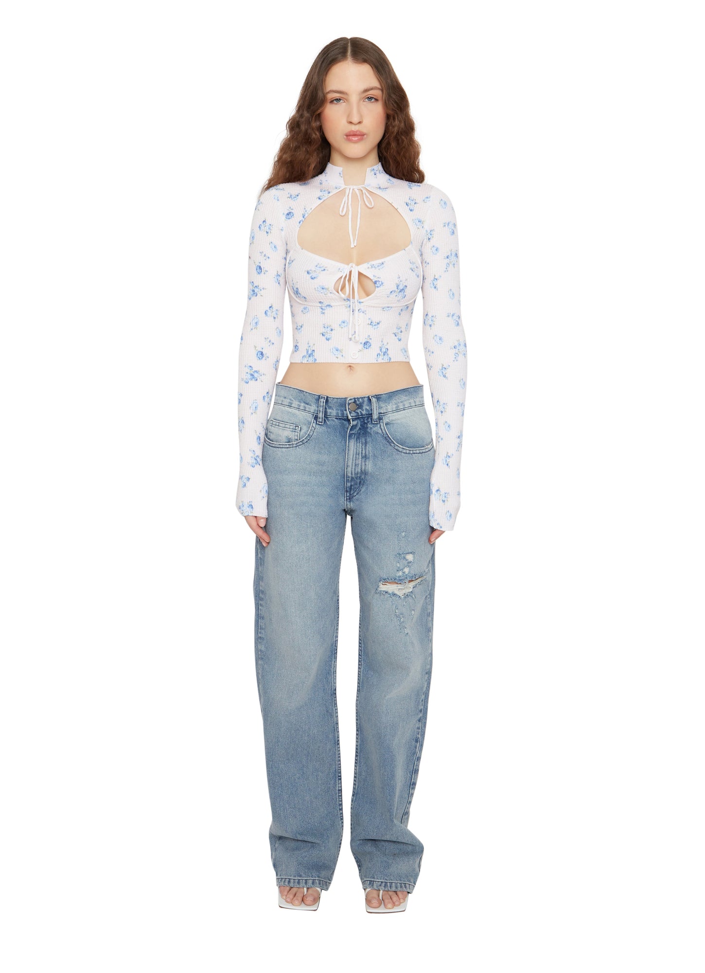 Womens | Floral Print Thermal Knit Tie Top | Blue Rose