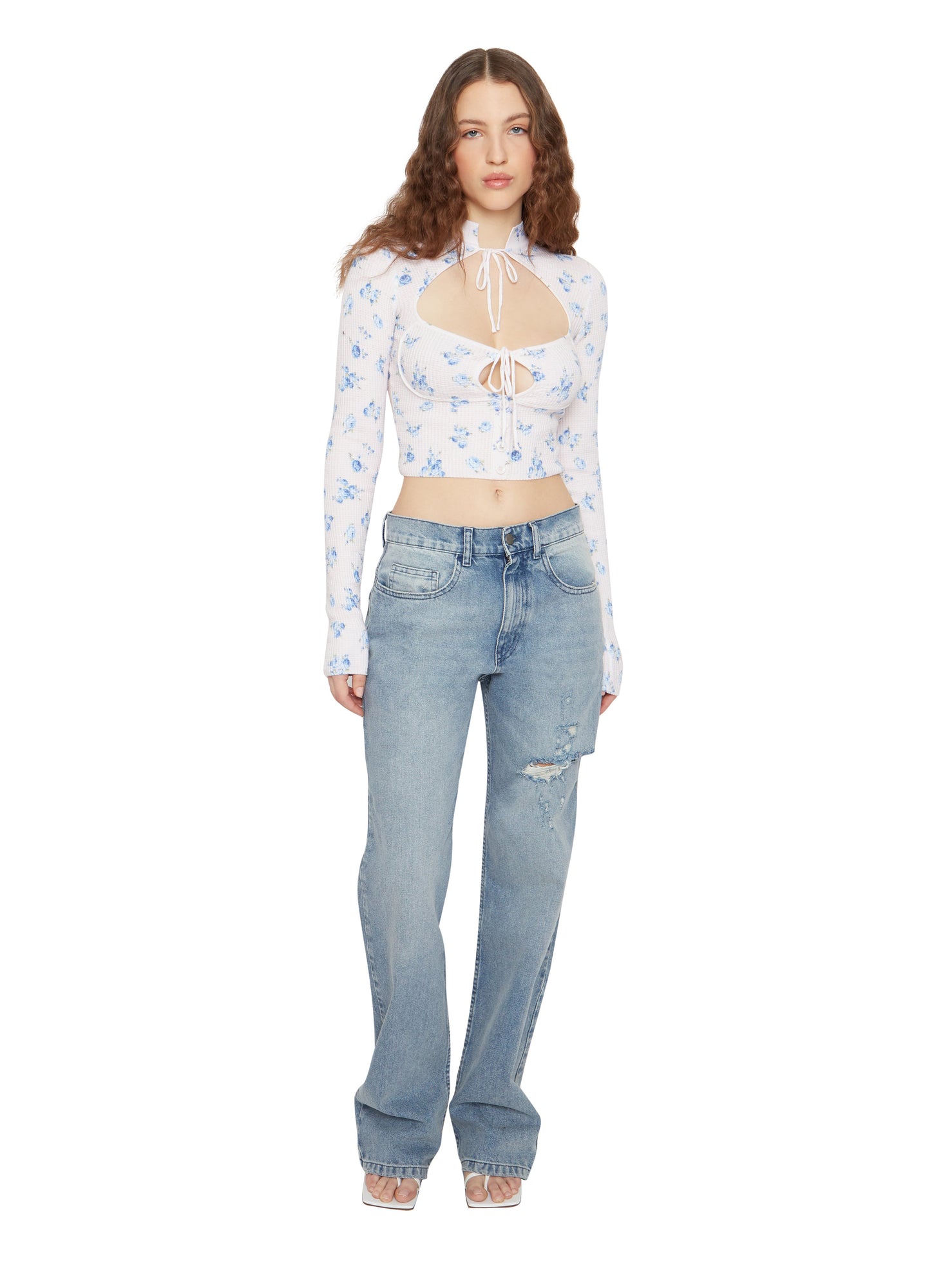 Womens | Floral Print Thermal Knit Tie Top | Blue Rose