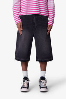 Ultra Baggy Raw Hem Denim Shorts | Washed Black