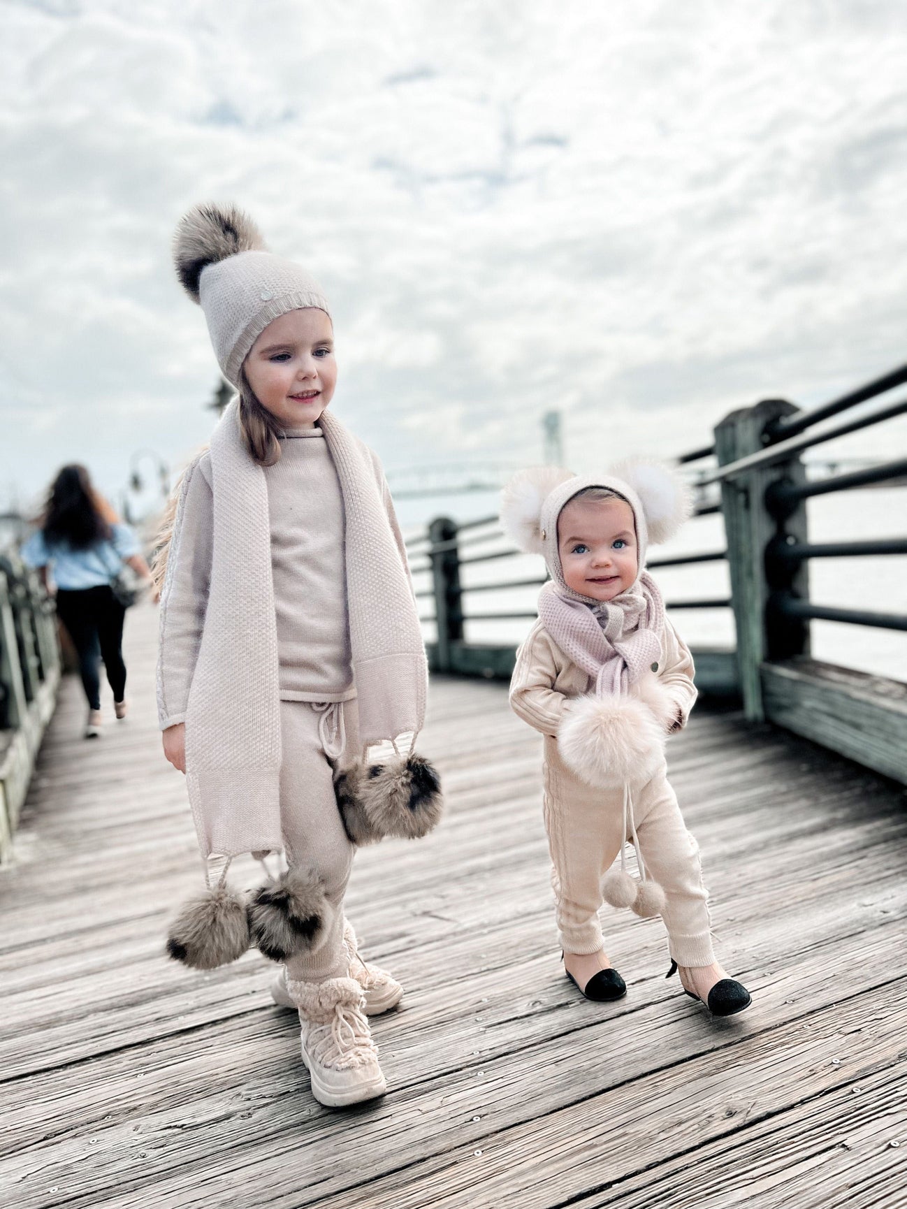 Unisex | Honeycomb Cashmere Fur Pom Scarf Animal Print Fur Poms | Beige