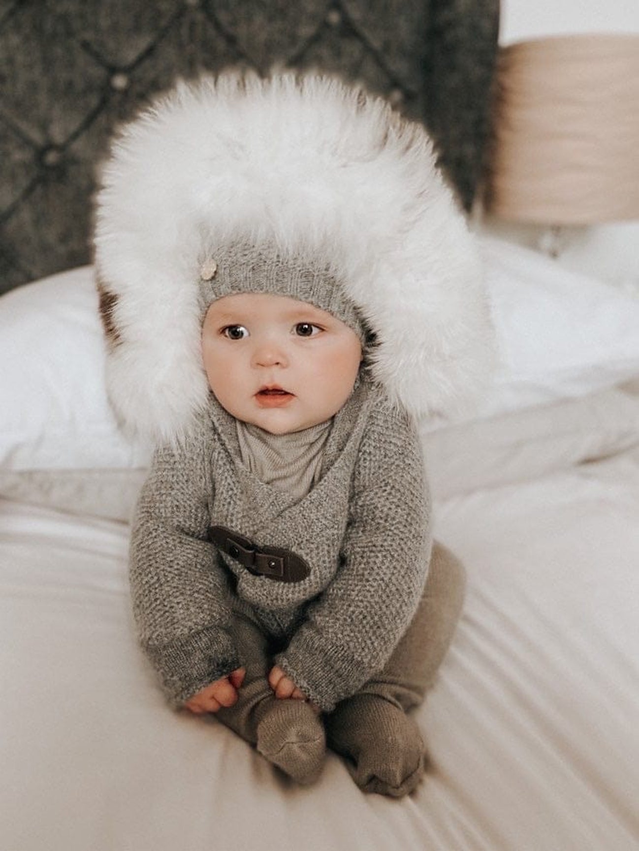 Unisex | Honeycomb Grey Cashmere Pram Coat with White Print Trim | Gray