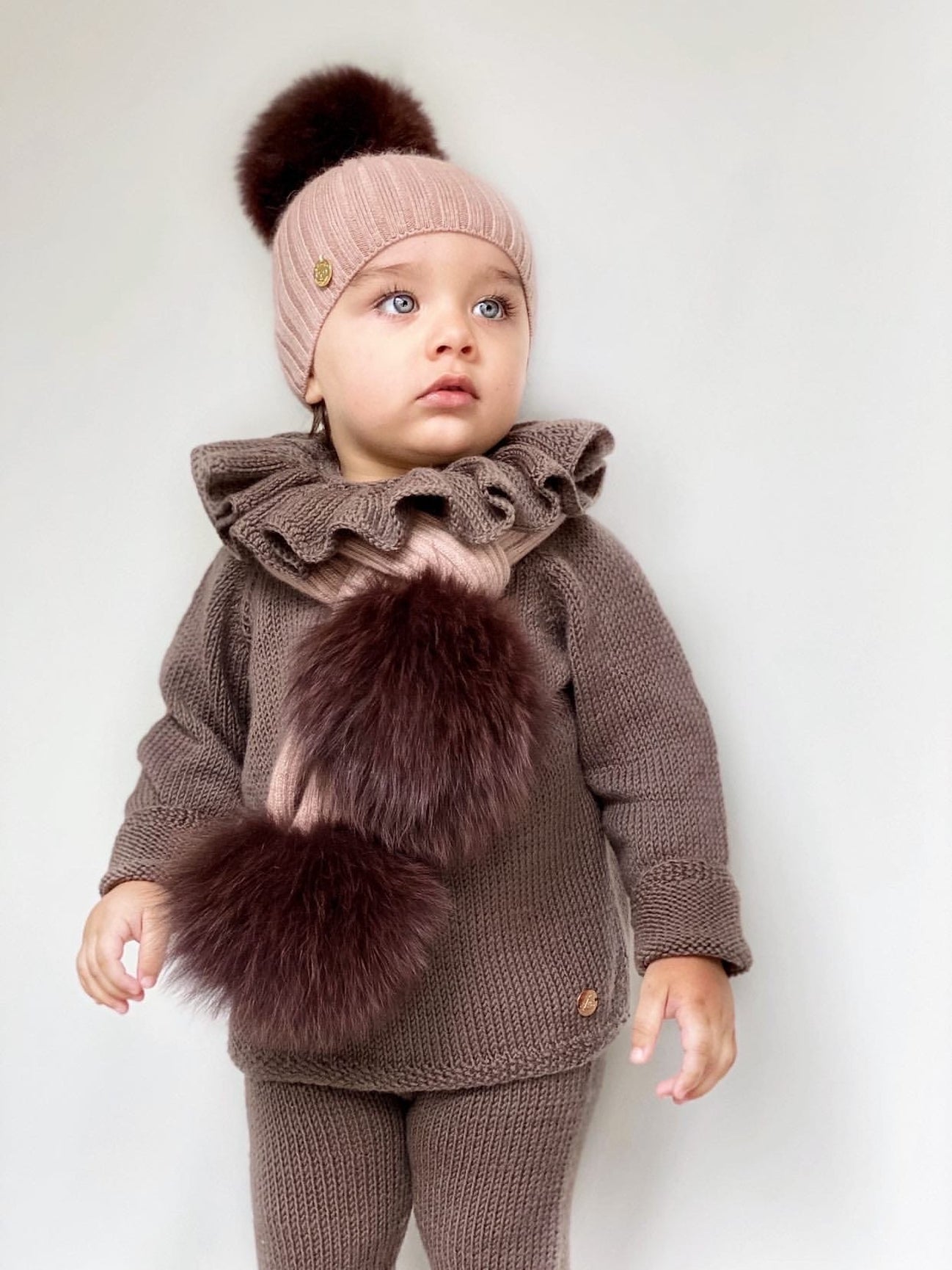 Unisex | Misha Ribbed Angora Scarf Fur Poms | Brown