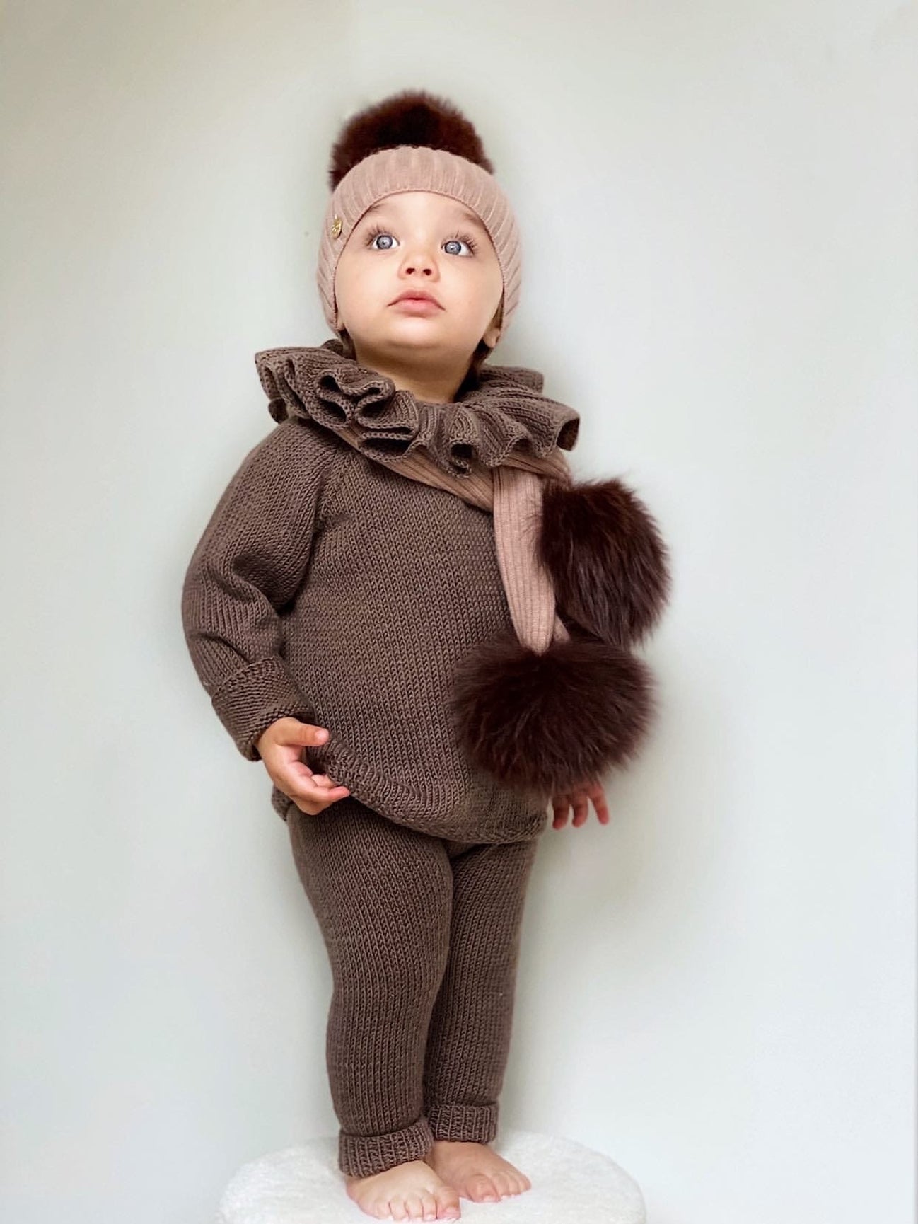 Unisex | Misha Ribbed Angora Scarf Fur Poms | Brown