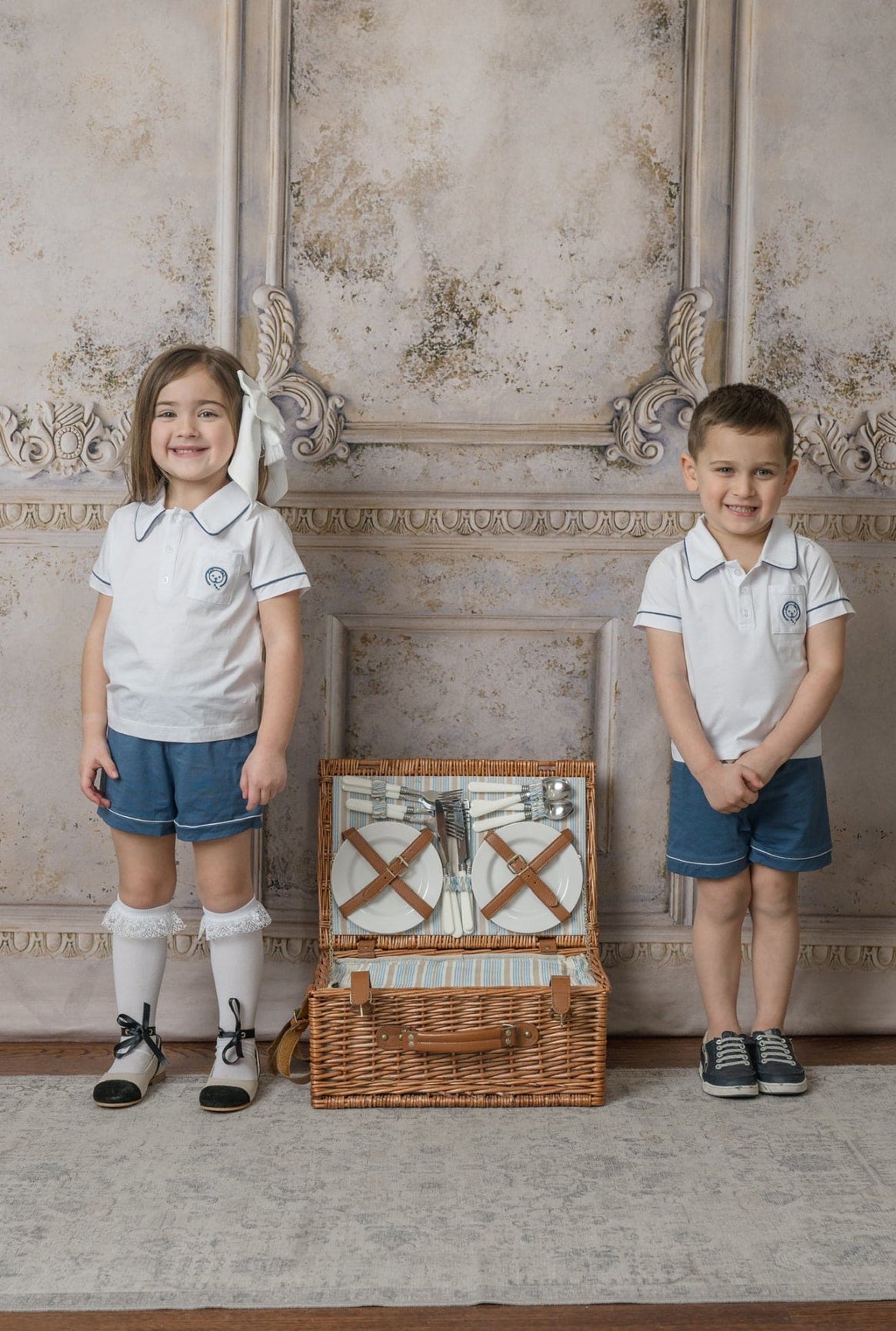 Unisex | and Pima Cotton Polo Top and Shorts Set | Navy x White