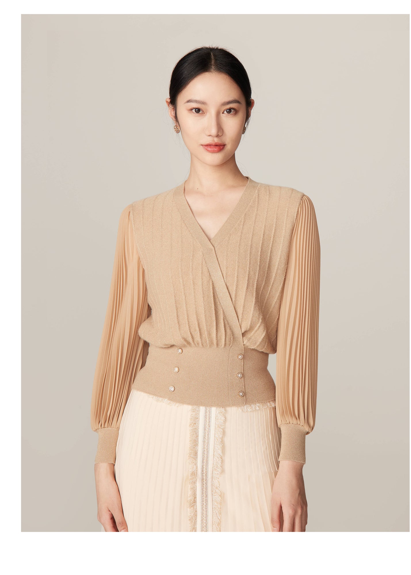 V-Neck Knit Top | Beige