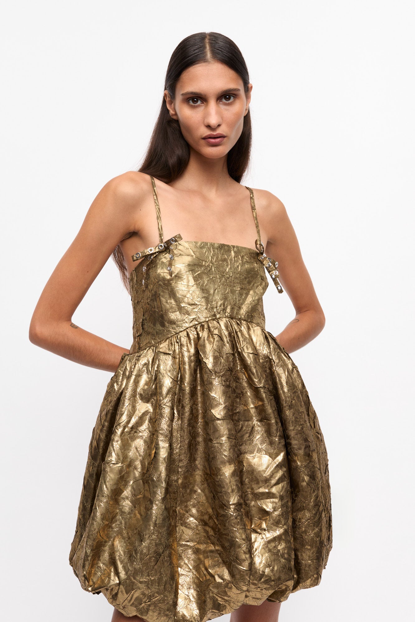 Shibori Pleat Strap Mini Dress | Gold