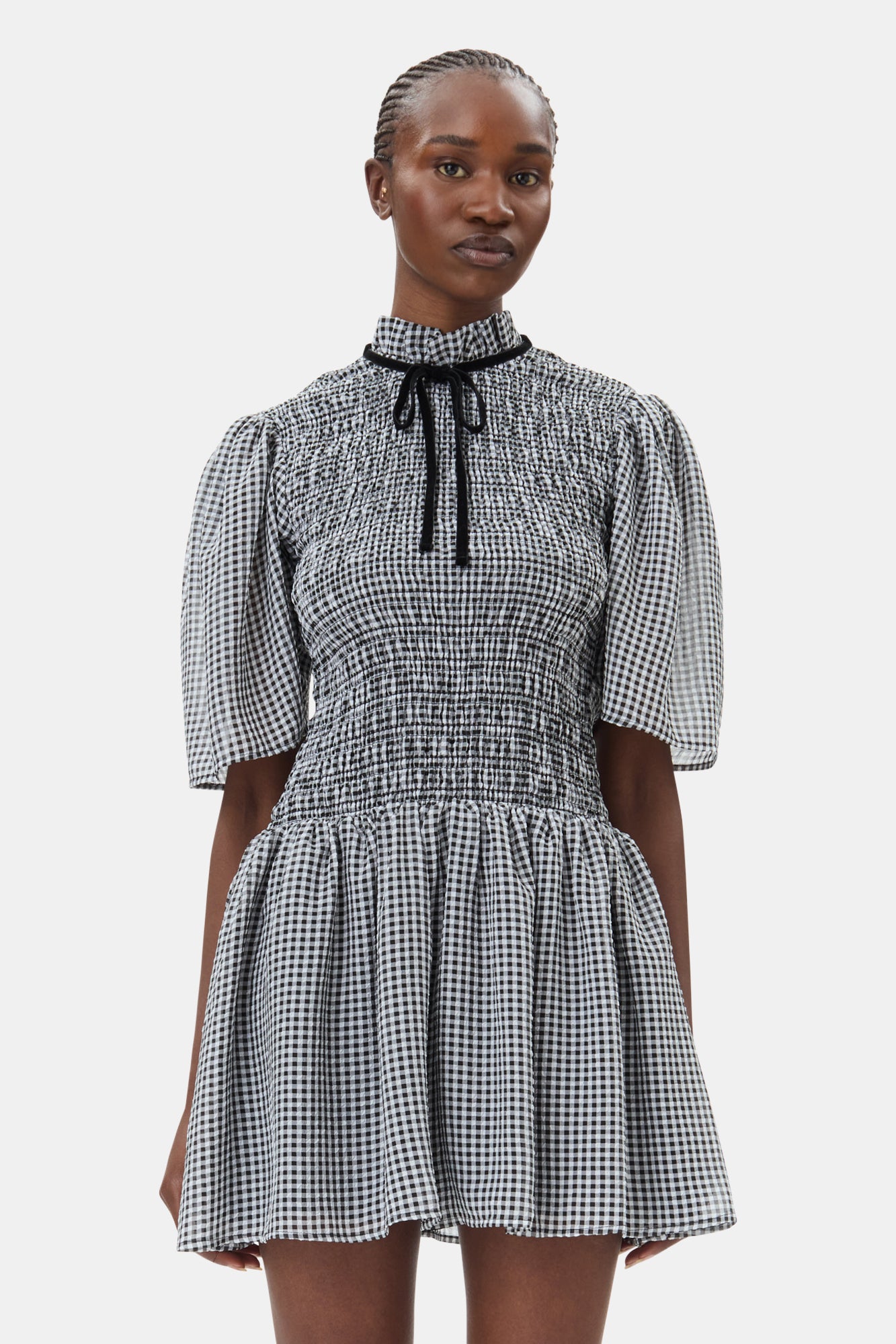 Sheer Fluid Check Mini Smock Dress | Black