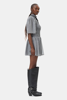 Sheer Fluid Check Mini Smock Dress | Black