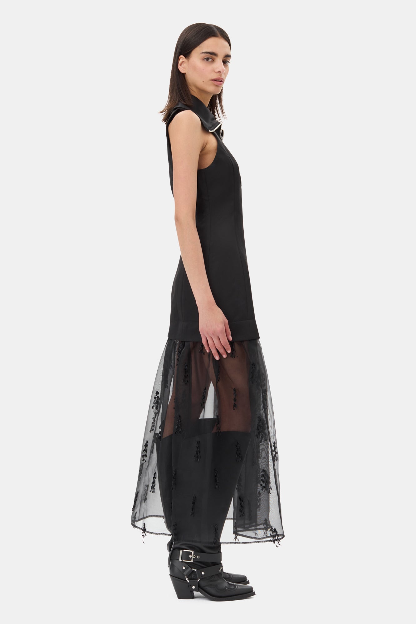 Fringed Organza Long Dress | Black