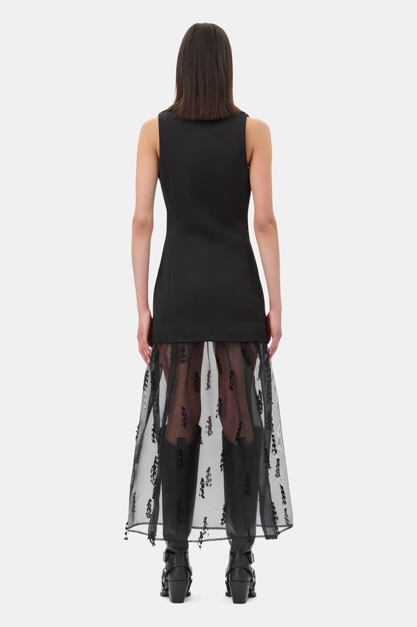 Fringed Organza Long Dress | Black