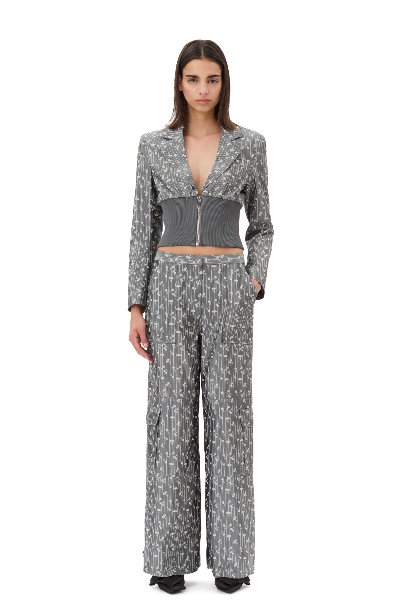 Acetate Jacquard Cropped Blazer | Smoked Pearl